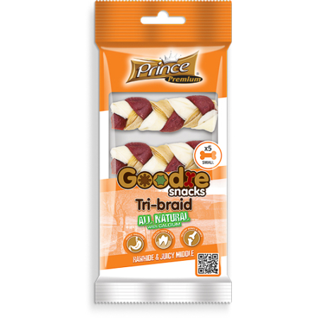 Prince Premium Goodie Snacks Rawhide & Juicy Middle Tri-Braid With Calcium Small 60G (5Pcs)