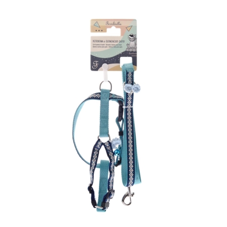 CAT LEASH+HARNESS SET SMALL LIGHT BLUE.