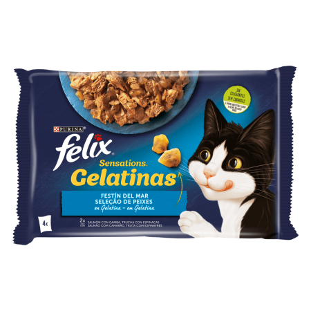 FELIX POUCHES SENSATIONS, SALMON WITH PRAWN,TROUT WITH SPINACH 4X85GR