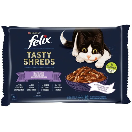 FELIX POUCHES TASTY SHREDS CHICKEN,TUNA,SALMON, BEEF 4X85GR