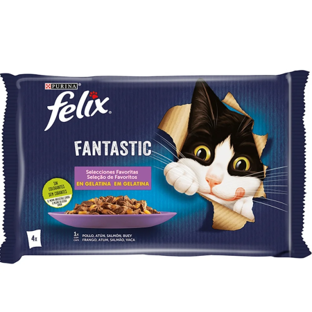 FELIX POUCHES FANTASTIC FAVOURITE SELECTION  IN JELLY ( CHICKEN, TUNA, SALMON, BEEF) 4X85GR