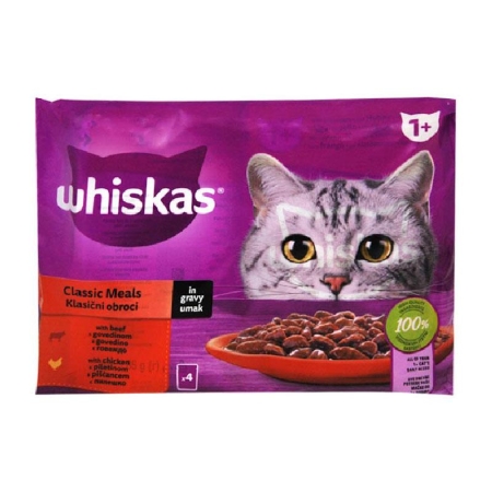 WHISKAS POUCHES PURE DELIGHT ADULT CHICKEN & BEEF IN JELLY 4 X 85GR