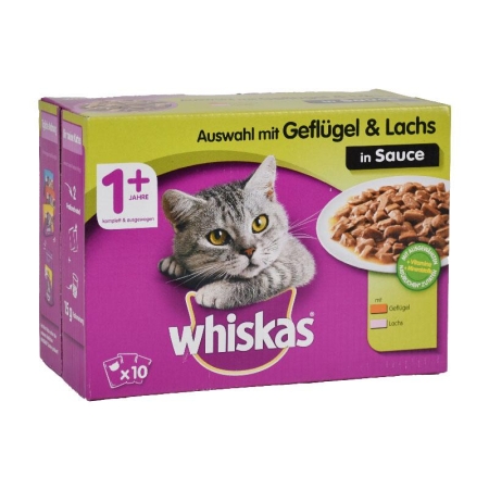 WHISKAS POUCHES POULTRY & SALMON IN SAUCE 10X100GR