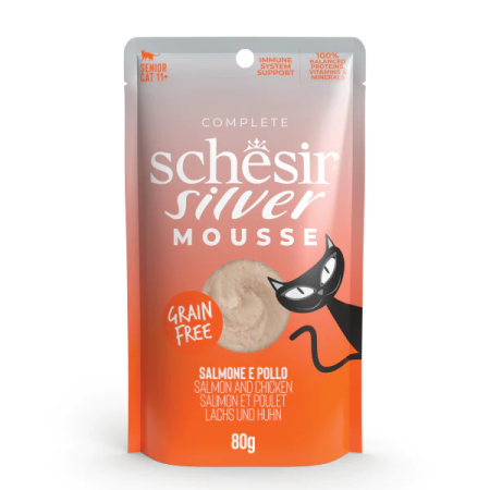 SCHESIR SILVER  ELDERLY CAT, SALMON AND CHICKEN IN MOUSSE 80G IN POUCH