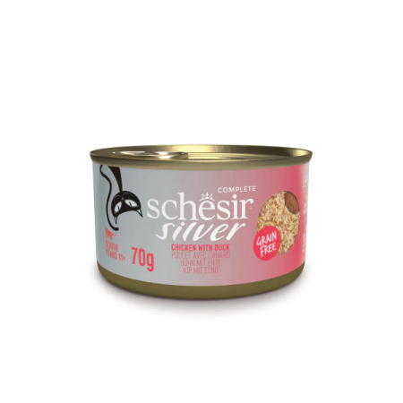 SCHESIR SILVER SENIOR CAT, CHICKEN WITH DUCK MOUSSE E FILLETS 70G IN CAN