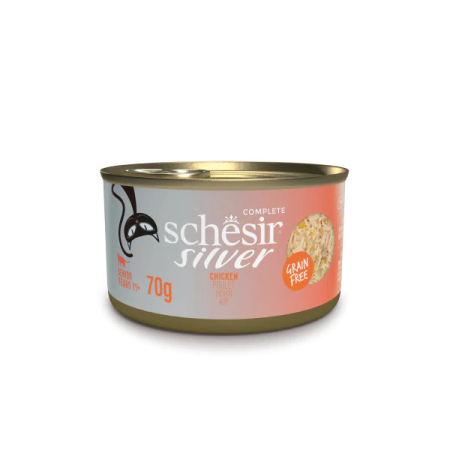 SCHESIR SILVER SENIOR CAT, CHICKEN  IN BROTH 70G IN CAN