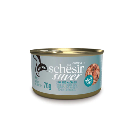 SCHESIR SILVER SENIOR CAT, TUNA AND MACKEREL IN BROTH 70G IN CAN