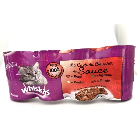 WHISKAS TIN (BEEF-CHICKEN-DUCK-LAMB)IN SAUCE  4X400GR
