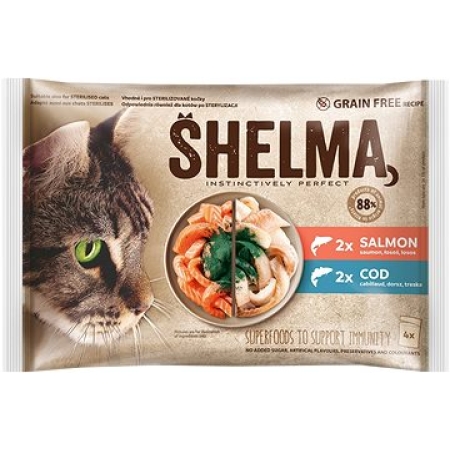 SHELMA CAT POUCHES 2 SALMON 2 COD 4 X 85GR