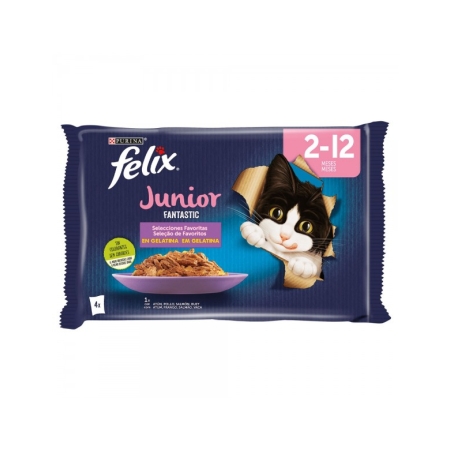 FELIX POUCHES FANTASTIC JUNIOR 2-12 MONTHS IN JELLY ( CHICKEN, TUNA, SALMON, BEEF) 4X85GR