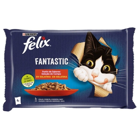 FELIX POUCHES MIX FANTASTIC IN JELLY ( CHICKEN,RABBIT,LAMB,BEEF) 4X85GR